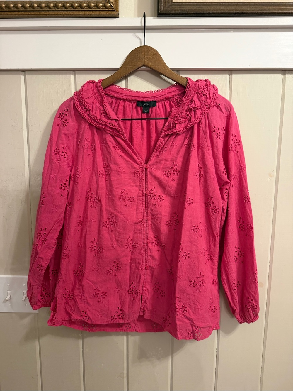 J. Crew Bright Pink Eyelet Ruffle Collar Peasant Top, Size Small